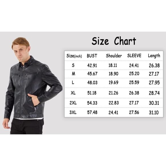 Men's Black0072 Stand Collar Leather Motorcycle Lightweight Faux Leather Jacket - Picture 6 of 6